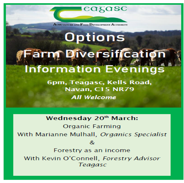 EOEGAN's tweet photo. @TeagascLKMDL Options Farm Diversification Information Evenings 6pm Teagasc, Kells Rd, Navan, Co Meath.  C15NR79.  Topics - night 1 are organic farming &amp; forestry.  Following Wednesdays include market gardening, beekeeping, equines, rural tourism &amp; on-farm rental accommodation. https://t.co/uJDUm1HXZ0