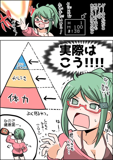 実際ゲームと違って
全ては体力に支えられていて
HP(体力)が低下すると
MP(メンタル)も減るし
かしこさ(知力、アイデア)も減るし
攻撃力(実行力)も減るし
防御力(判断力)も減る…

そして年齢とともに
回復量と最大HPは下がる…

ご健康に!! 