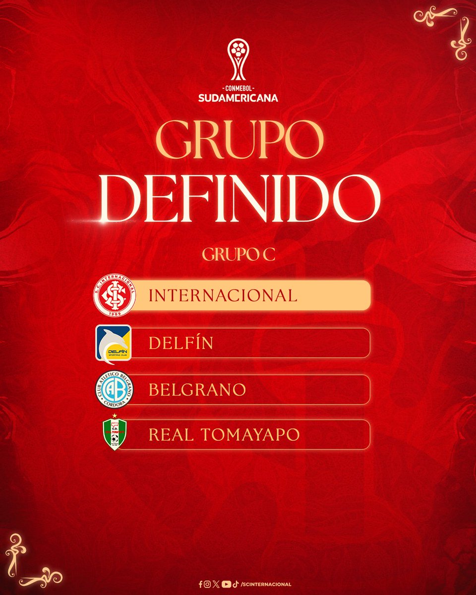 SCInternacional's tweet photo. 𝑮𝑹𝑼𝑷𝑶 𝑫��𝑭𝑰𝑵𝑰𝑫𝑶! 🏆

O #ClubedoPovo conheceu os seus adversários na Copa Sul-Americana 2024, na noite desta segunda-feira (18), após sorteio realizado na sede da CONMEBOL. No grupo C, o Inter enfrentará Delfín-EQU, Belgrano-ARG e Real Tomayapo-BOL.

𝐕𝐀𝐌𝐎𝐒, 𝐌𝐄𝐔 𝐈𝐍𝐓𝐄𝐑! 🔥

🇦🇹 #VamoInter