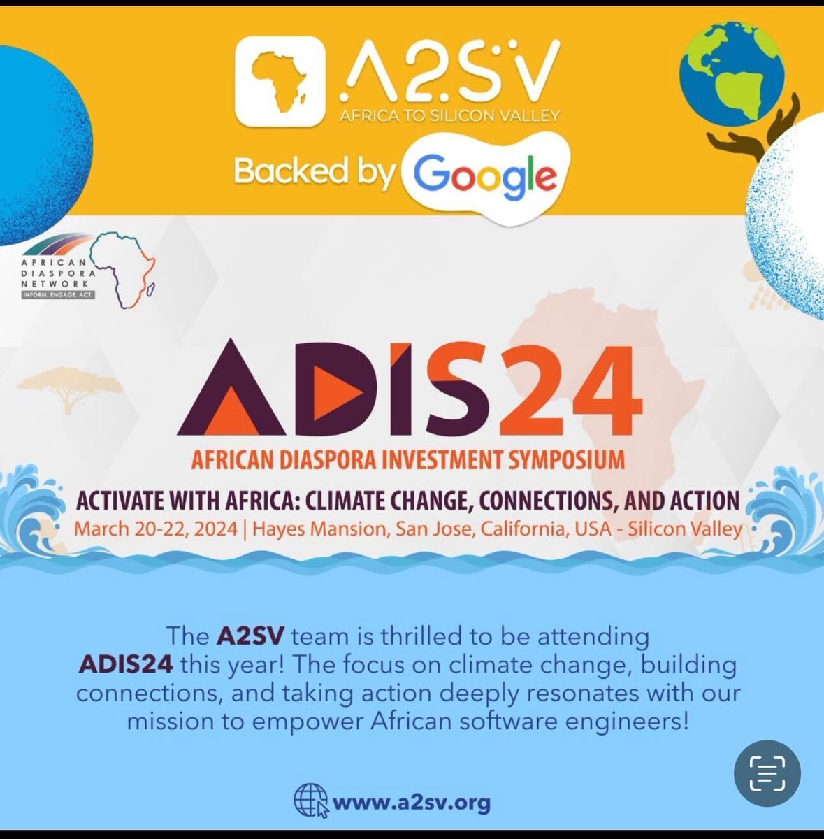 A2_SV's tweet photo. We are looking forward to the African #Diaspora Investment Symposium this week, and connecting with and learning from those involved in the continent and the diaspora.
#ADISymposium #Africa #ClimateAction #ActivatingChange
Thanks for organizing @AfricanDNetwork! https://t.co/thmBRPYB8M