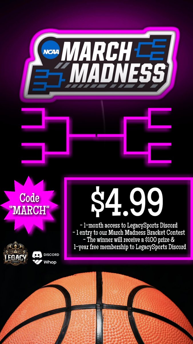🏀 March Madness with LegacySports🏀

We at LegacySports are excited to announce a special offer in spirit of the March Madness Season

Visit our Whop Store &amp; use Code "MARCH" now to receive a one-month subscription at $4.99 &amp; an entry into our Bracket Challenge!!

#GamblingX