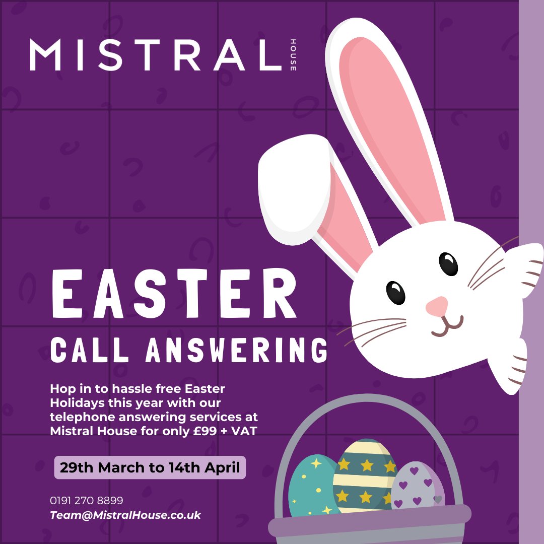 🐣 Hop into hassle-free holidays with our Easter Break Virtual Telephone Answering Special! 🌷

Don't let the juggle of calls and kids stress you out this Easter... we've got the perfect solution for all you super busy parents.

Introducing our Easter Package!!