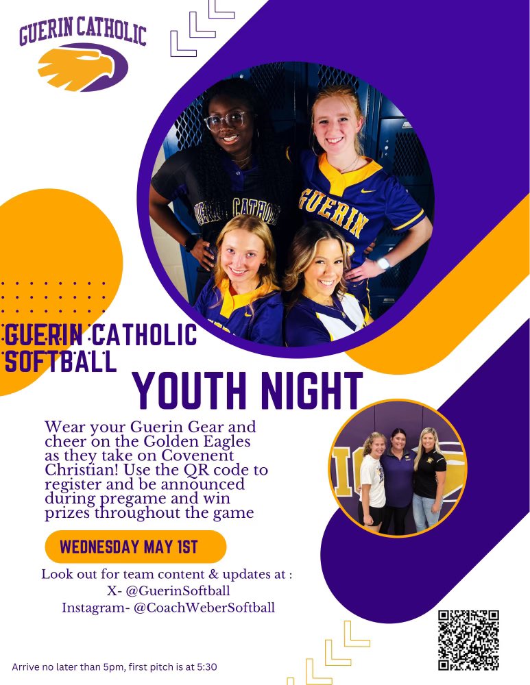 🚨 ‼️ 🔔 GUESS WHAT IS HAPPENING THIS SEASON?!? Guerin Catholic Softball will be hosting Youth Night on May 1st. We don’t only want to see you there, but we want to acknowledge any future golden eagles that comes, out on the field before the game. Don’t miss out on the prizes!