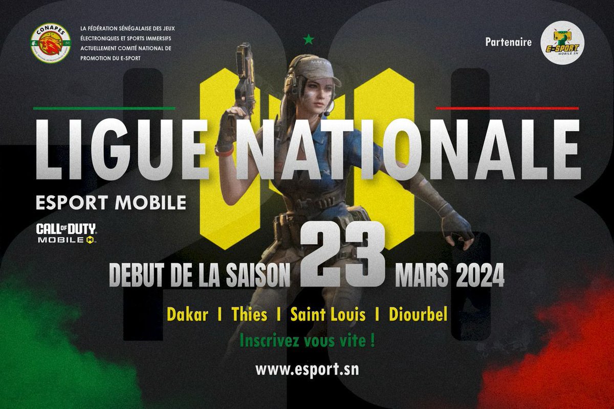 FESSEDA_Esports's tweet photo. 🎮🇸🇳 Annonce importante ! 🇸🇳🎮  *La Fédération Sénégalaise des Jeux Électroniques et Sports Immersifs* actuellement CONAPES, est fière d’annoncer le lancement officiel de la Ligue Nationale Esport Mobile. 🚀  

📅 Démarrage de la *compétition*: Samedi 23 mars 2024 https://t.co/arPxI7zOrf