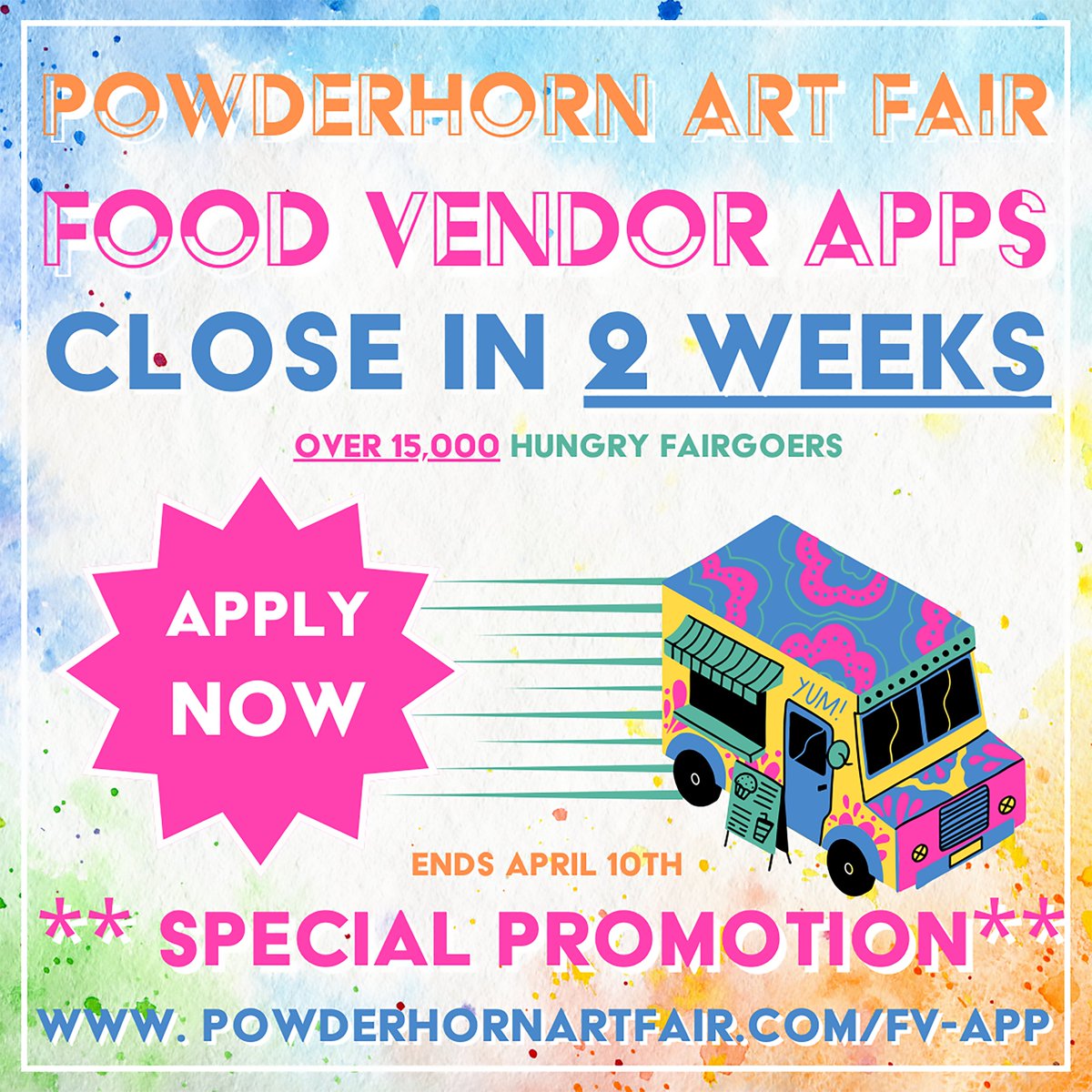 PowderhornMpls's tweet image. Attention, food vendors! 🌮 Just 2 weeks left to grab our Double Festival Discount!

Get 25% off when you apply for the Powderhorn Art Fair &amp;amp; Porchfest Bundle. Don't miss out on showcasing your delectable treats to over 15,000 fairgoers! 🎪powderhornartfair.com/fv-app #PAF2024