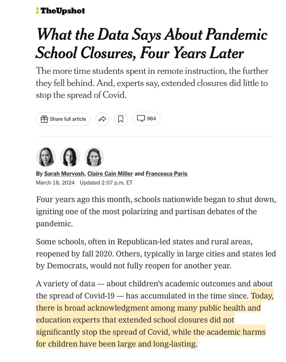 Latest from NY Times.
School closures did little to stop the spread of Covid but caused a lot of long term harm to children.
