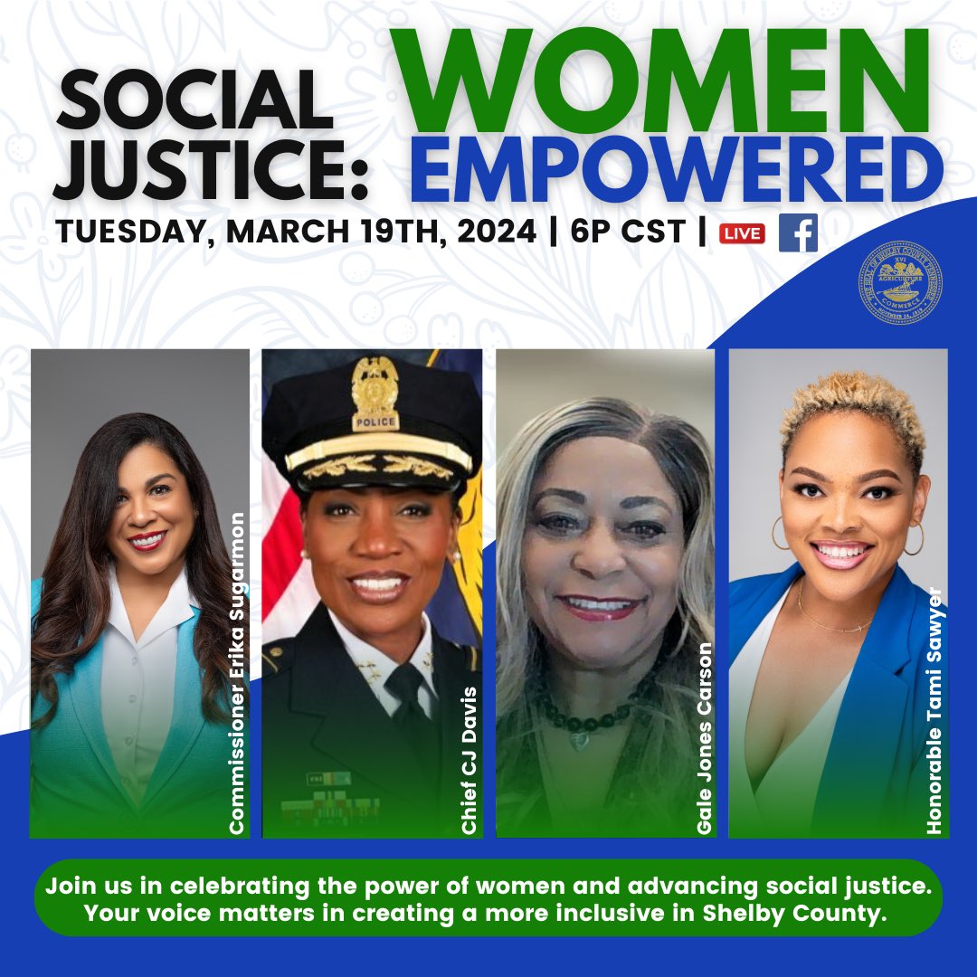 Tune in LIVE tomorrow at 6p as we discuss “Social Justice: Women Empowered” with Chief CJ Davis, @GaleJonesCarson , and former County Commissioner, @tamisawyer 

#Womensmonth #shelbycounty #socialjustice
