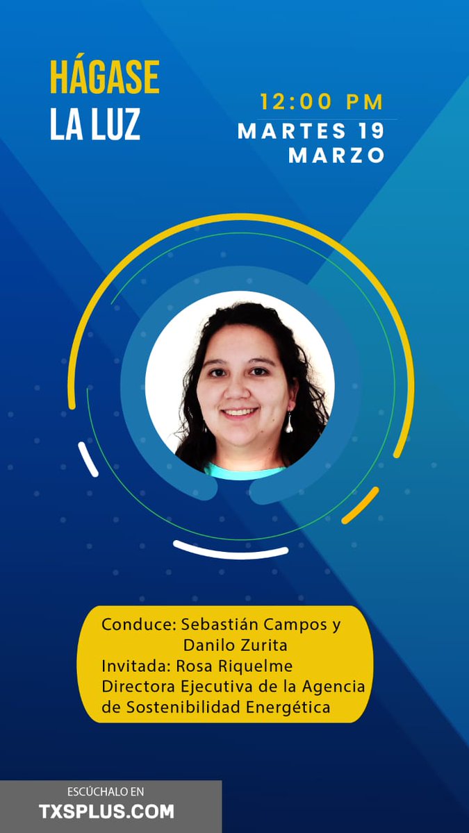 Ma. 19/03, 12.00 hrs #HágaselaLuz por <a href="/txsplus/">TXS+</a>. Conversamos con Rosa Riquelme (<a href="/rosariquelmeh/">Rosa Riquelme</a> ), la Dir. Ejecutiva de la <a href="/Agencia__SE/">AgenciaSE</a>, sobre eficiencia energética, y como los ciudadanos podemos aplicarla en nuestro día a día. Link? txsplus.com/streaming/
No te lo pierdas!
