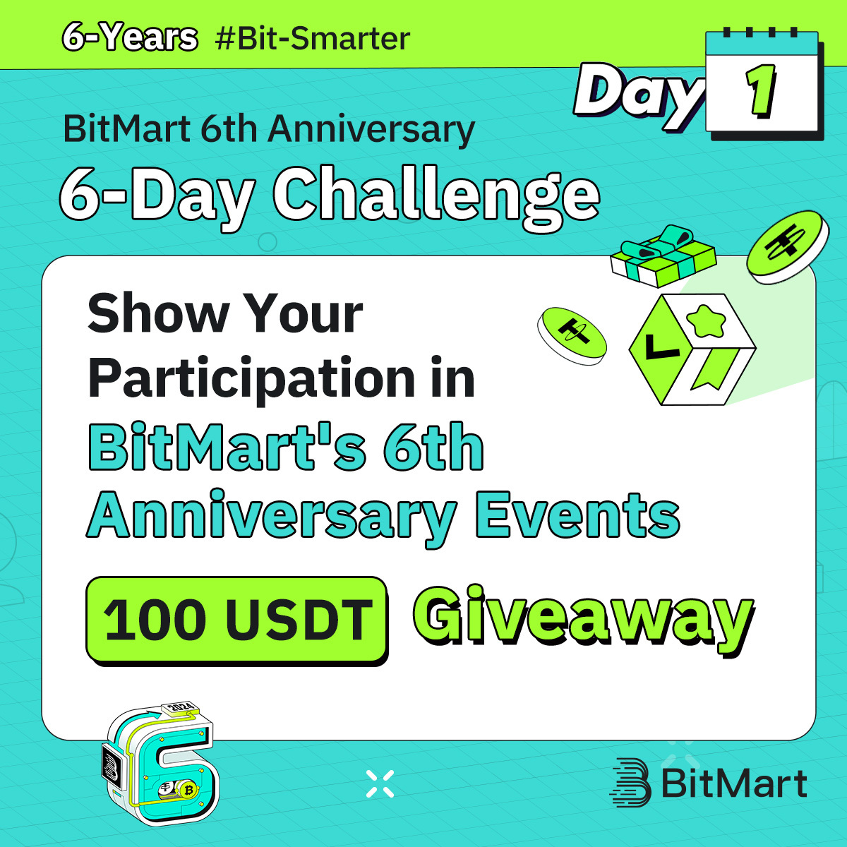 BitMartExchange's tweet photo. 🎉 Let the #BitMart6thAnniversary 6-Day Challenge BEGIN! 

💰100 USDT #giveaway each day 💰

Day 1️⃣: Show your participation in our anniversary events!

✅Follow us, Quote RT with a screenshot of your participating in our anniversary events & tag 3 frds
✅Fill: https://t.co/RXJE7OLL2B