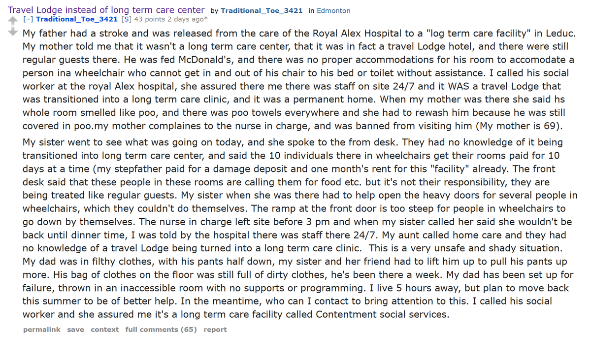 One of the children of the guy who was placed at a @TravelodgeCa instead of long term care facility had posted on reddit about it looking for help. This is inhumane. Thread: redd.it/1bfuhxq Comment: reddit.com/r/Edmonton/com… #alberta #abpoli #ableg #AlbertaHealth