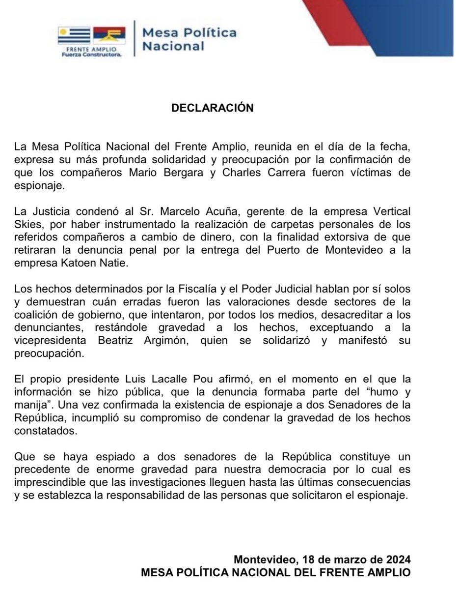 Frente_Amplio's tweet photo. Solidaridad y preocupación por la confirmación de espionaje a @Mario_Bergara y @ChCarreraLeal 

Que se haya espiado a dos senadores de la República constituye un precedente de enorme gravedad para nuestra democracia 

🔗https://t.co/y31rXKW5Ln https://t.co/gci2XOm9MR