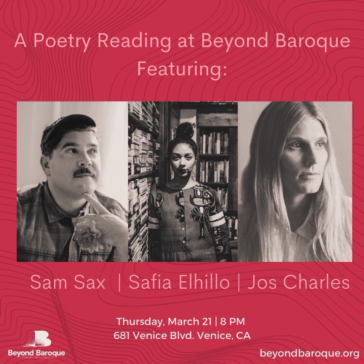 THIS THURSDAY: We’re thrilled to be hosting an acclaimed trio of poets at Beyond Baroque at 8 PM. Poets Sam Sax, Jos Charles, and @mafiasafia will read from their newest collections and selected work in The Wanda Coleman Theater. 🆓 FREE! 💌 RSVP! eventbrite.com/e/poetry-readi…