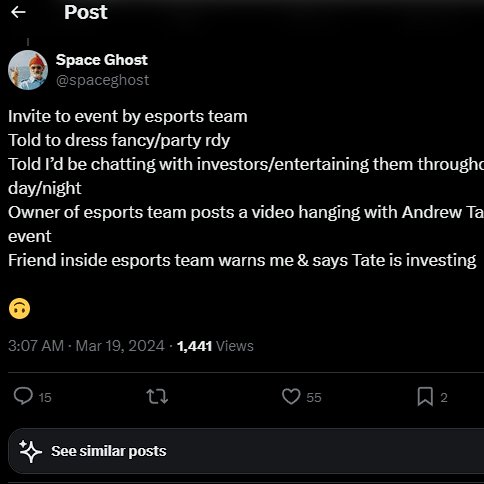 Delusional T̵i̵k̵T̵o̵k̵ Twitter Comments #13

User thinks that she almost got 'trafficked' to Andrew Tate just because the owner of the esports team who invited her posted a video hangingout with Tate (g2esports?)