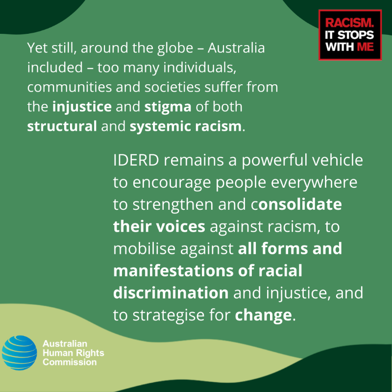 AusHumanRights's tweet photo. Do you know the origins of #IDERD? Swipe through our carousel to learn more.

Use this opportunity to call racism out, interrogate the various ways it operates, and strategise for change: https://t.co/N9yTGWTWx8

#ItStopsWithMe #HarmonyDay