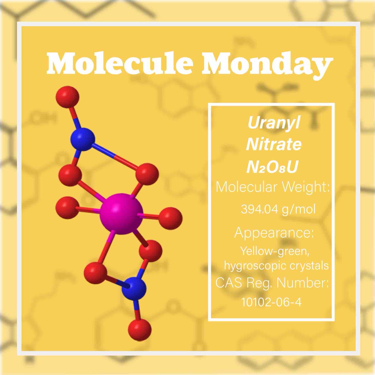 Pittsburgh_ACS's tweet photo. Do you know about uranyl nitrate, a substance best known in the nuclear fuel industry? Learn more about this molecule at https://t.co/mdZAtI8VAR. Images used in this post are from https://t.co/v0tHlcLARR. https://t.co/x3E3zhmI43