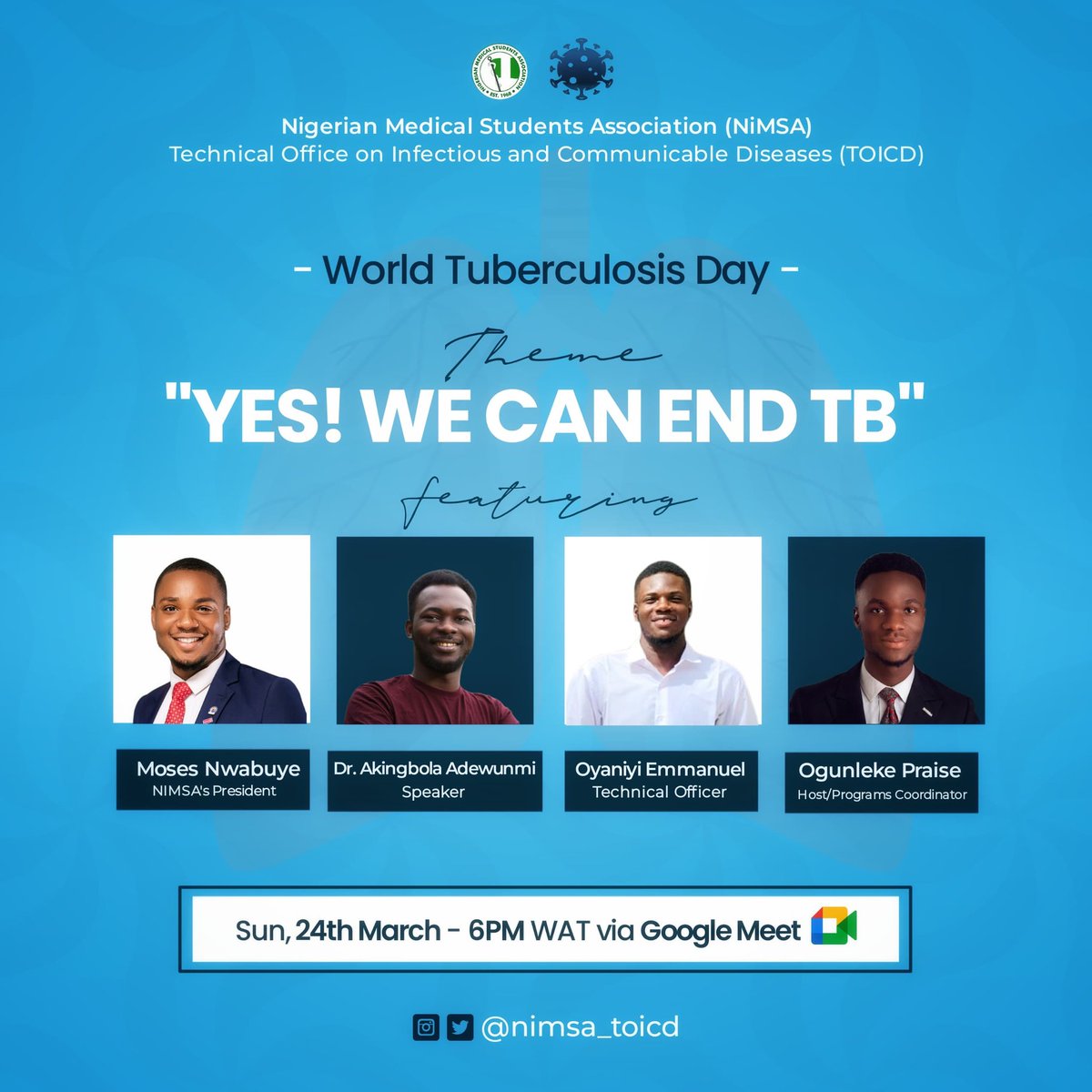 🌟 Exciting News! 🌟 Join us for a transformative webinar hosted by NiMSA TOICD in commemoration of World Tuberculosis Day! 🎉 📅 Date: March 24th 🕕 Time: 6:00 PM 🖥️ Platform: Google Meet 🔍 Theme: 'Yes! We can end TB' Let's come together to: