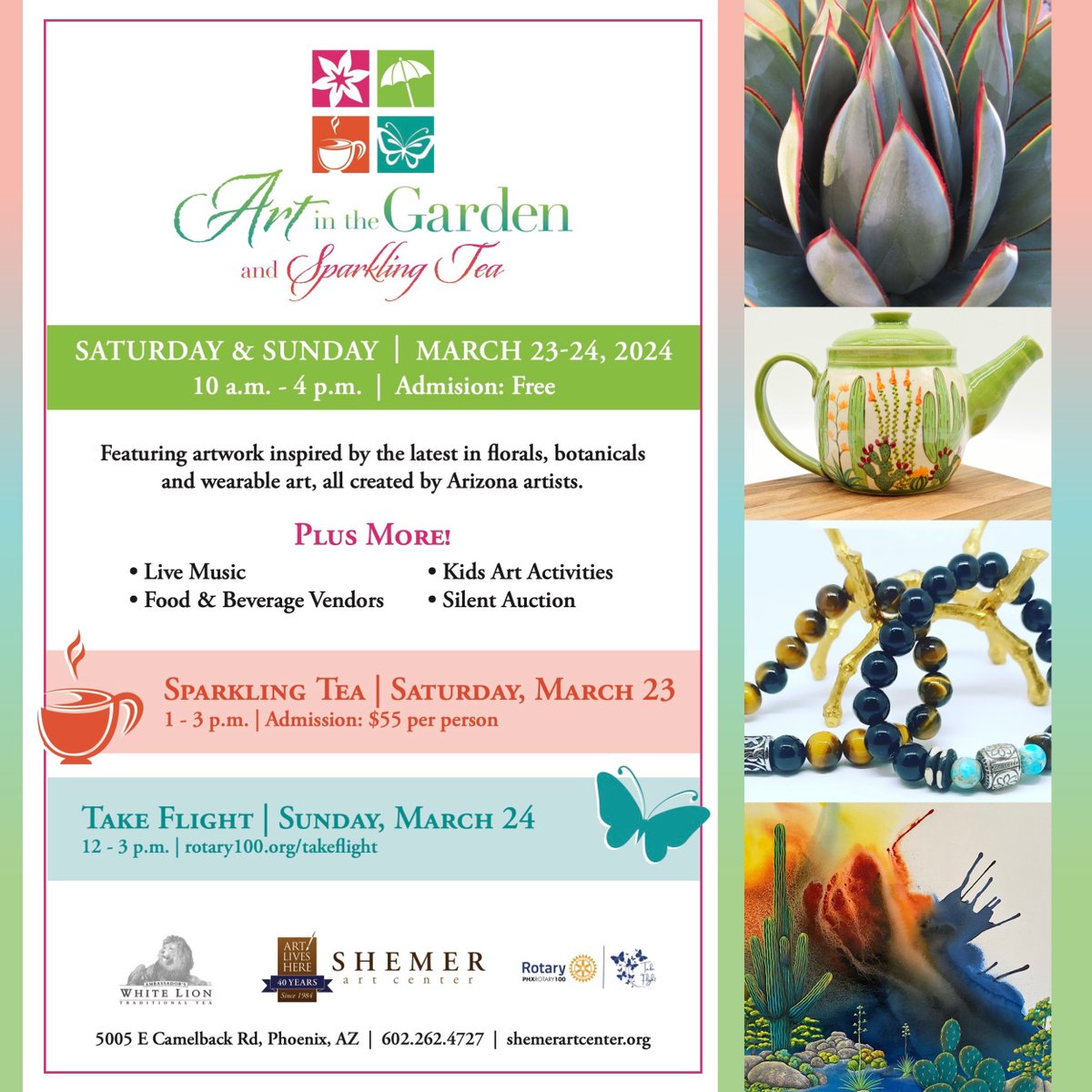 Join us Saturday, March 23rd &amp; Sunday, March 24th for the #ShemerArtCenter's 5th Annual Art in the Garden, a #PhoenixArtFestival showcasing #GardenArt by #ArizonaArtists in a variety of mediums!

10am - 4pm, Free Admission
5005 E Camelback Rd
Phoenix 85018
ShemerArtCenter.org
