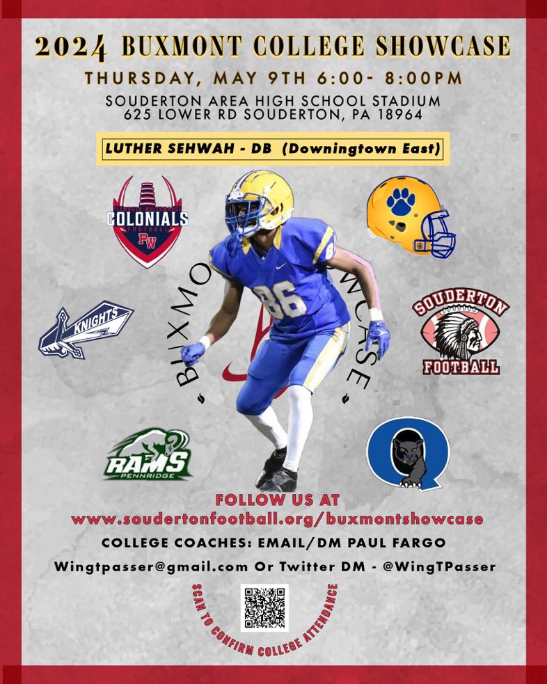 Luther sehwah (@lsehwah) on Twitter photo I will be attending the #BuxmontShowcase on May 9th to show off my talents <a href="/DTownFball/">DtownFootball</a> <a href="/WingTPasser/">Paul Fargo 🔴⚪️🏈🏆</a> I will be attending the #BuxmontShowcase on May 9th to show off my talents <a href="/DTownFball/">DtownFootball</a> <a href="/WingTPasser/">Paul Fargo 🔴⚪️🏈🏆</a>