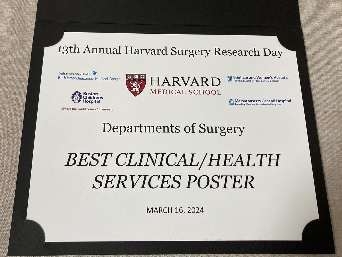 Happy to present our work @BWHSurgMetab at the Harvard Surgery Research Day and win the Best Clinical/Health Services Poster 😄