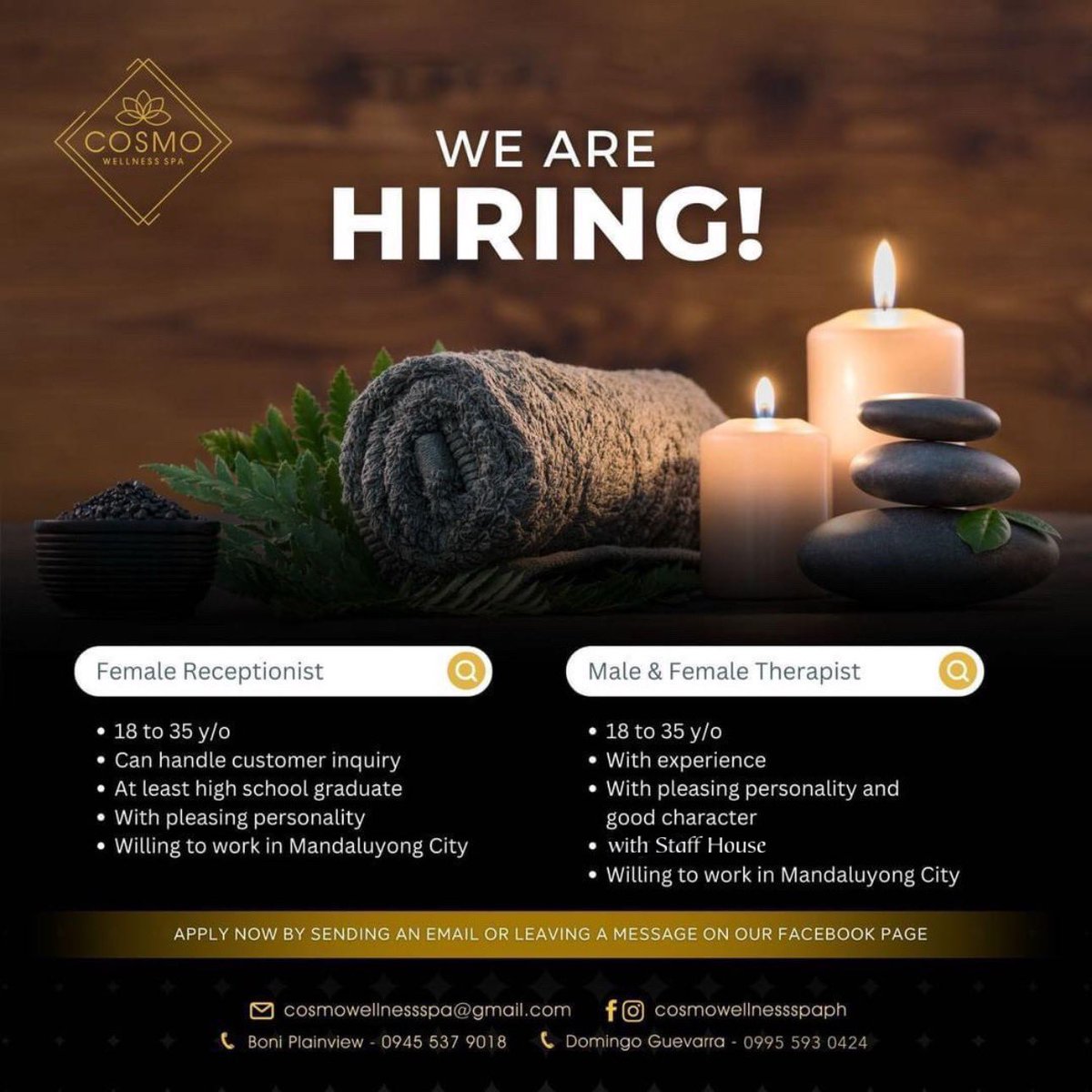 cosmo_wellness's tweet photo. JOB ALERT! We are hiring. 💆🏻‍♂️💆🏻

#massagetherapist #spa #mandaluyong #boni #JobAlert https://t.co/Tfg1IFqCMb