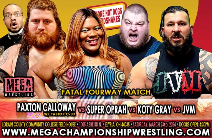 MegaWrestling's tweet photo. MEGA MAFIA,Less than one week until No More Hot Dogs and Handshakes on March 23 in Elyria,OH ! Front Row is sold out! General Admission tickets at https://t.co/EsLVxSKYJg 
Fatal Four Way - Hoss Style ! https://t.co/qlkhRAcW0c
