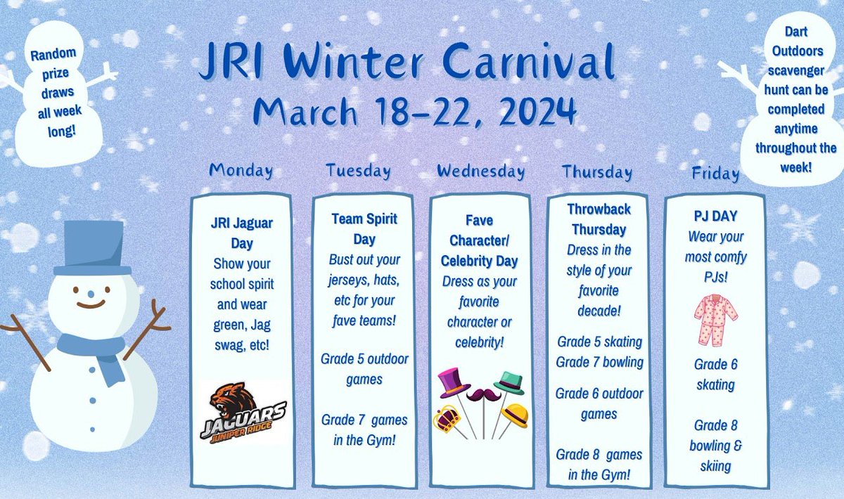It’s Winter Carnival Week at JRI! Here’s the schedule of events for the week!