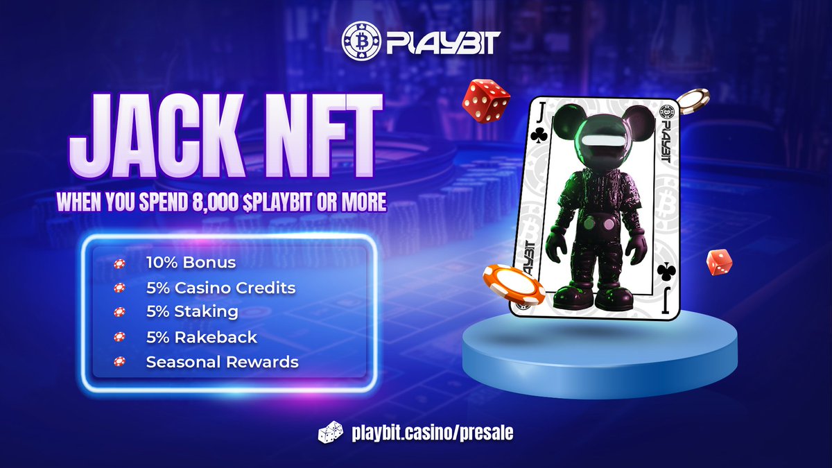 📦INTRODUCING #PLAYBIT NFT - JACK

Invest a minimum of 8,000 $PLAYBIT in our presale to get 1 #NFT with Jack benefit as follows:

✅10% bonus
✅5% casino credits
✅5%staking
✅5% rakeback
✅Seasonal rewards

👉Join our presale now to own this amazing NFT: playbit.casino/presale