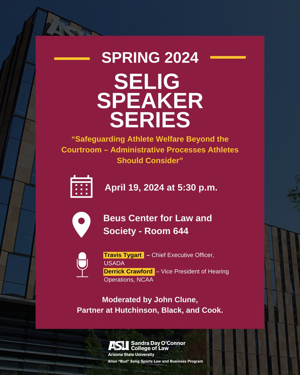 We are excited to officially announce our Spring 2024 Selig Speaker Series! Our signature event will feature Travis Tygart (CEO, USADA) and Derrick Crawford (VP of Hearing Operations, NCAA)! We look forward to seeing you in mid-April! 😈 #ForksUp 🔱