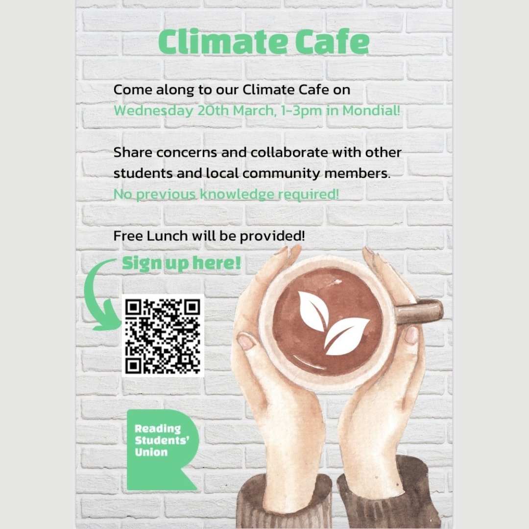 Join us at the @ReadingUniSu climate café on Wednesday 20th March from 1-3pm in Mondial to discuss all things climate with other students, staff and local community members over lunch. #climatecafe #UoRsustainability #sustainability #UniversityofReading