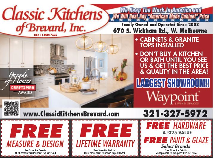 Classic Kitchens of Brevard, Family Owned & Operated Since 2008. Cabinets, Granite, New Kitchens & New Baths. Largest Showroom in Brevard. #ClassicKitchens #Cabinets #Granite #LargestShowroom #UpgradeToday #SavingsSafari #Advertising #Marketing #Media #DirectGraphix #Coupons