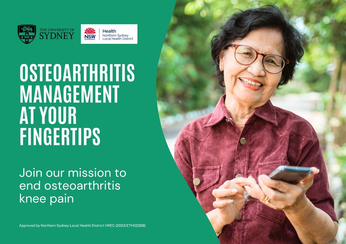 🦴 Do you have knee pain? 🎂 Are you 45 years or older? Our team is conducting a new study to understand how easy it is to use a mobile app to improve knee #osteoarthritis management. 🔗 Assess your eligibility at redcap.sydney.edu.au/surveys/?s=8N9…