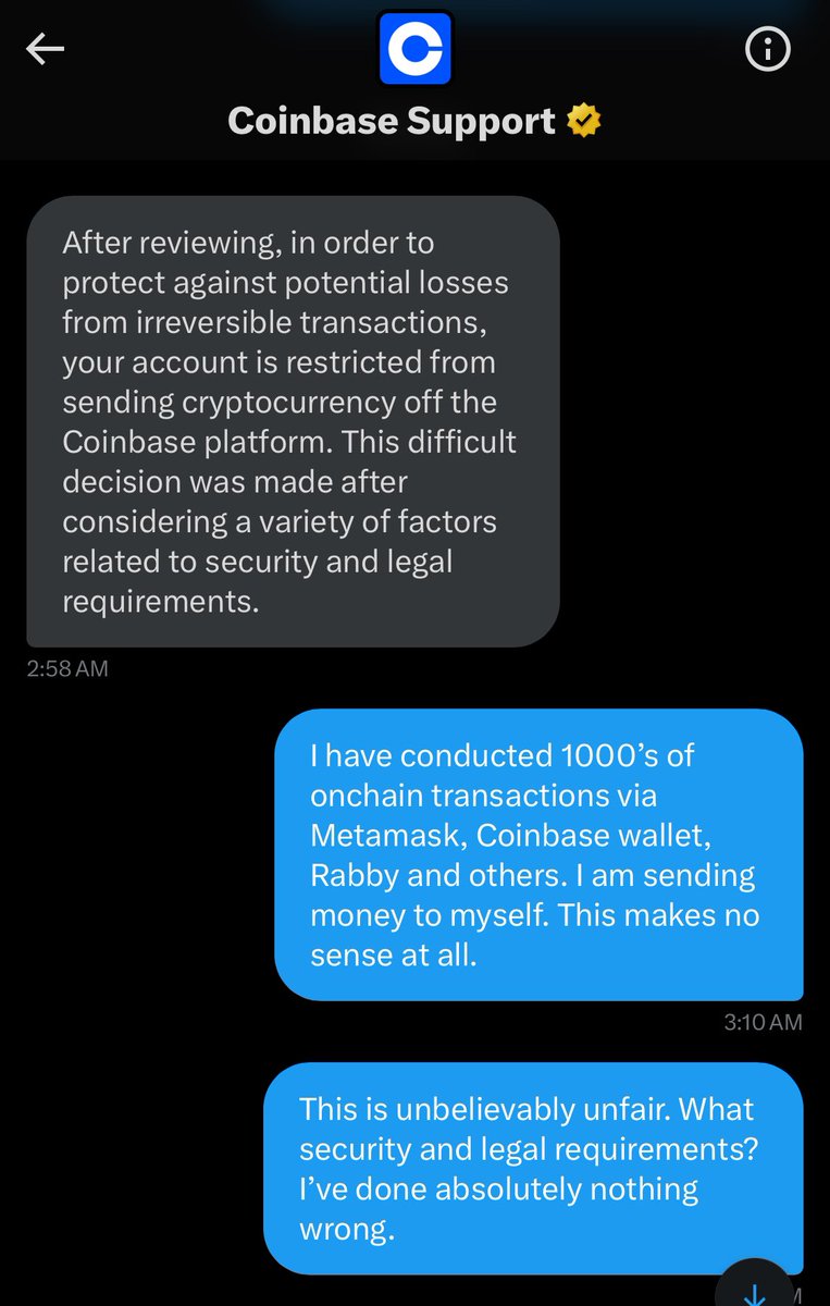 A short story… 1) June 2016 - @Coinbase account opened 2) Sep 2023 - Passed  extensive AML check 3) Mar 2024 - Banned from sending crypto on CB No  reasoning, no explanation,