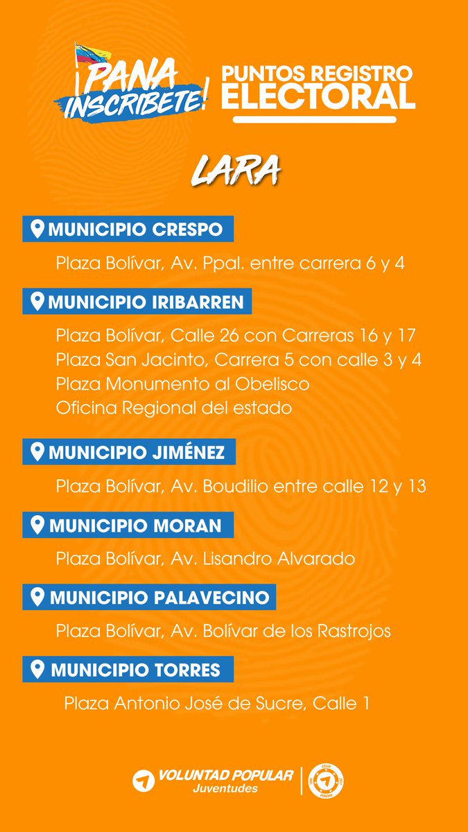 jvpalara's tweet photo. Puntos de inscripción📢

Éstos son los puntos de inscripción para el registro electoral.
¡No dejes que otros decidan por ti! Inscríbete y sé parte activa de la construcción de la #LaMejorVenezuela 🇻🇪 https://t.co/zdfBZUXoqz