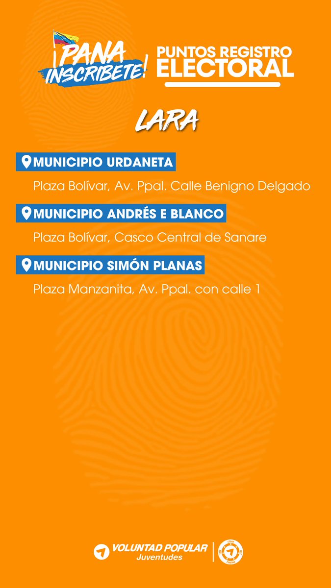 jvpalara's tweet photo. Puntos de inscripción📢

Éstos son los puntos de inscripción para el registro electoral.
¡No dejes que otros decidan por ti! Inscríbete y sé parte activa de la construcción de la #LaMejorVenezuela 🇻🇪 https://t.co/zdfBZUXoqz