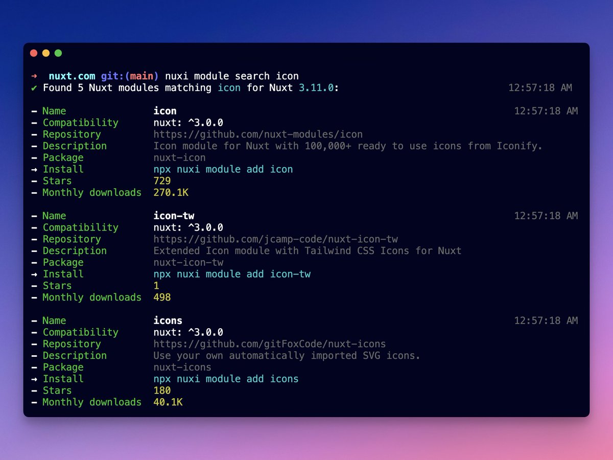 Atinux's tweet photo. Nuxt CLI v3.11 is out as well ✨

🔎 Improved Nuxt modules search
✅ Check module format before installing
🧠 Install the module as dev dependency or not based on your package.json

https://t.co/dvyzn3lmpr https://t.co/roMHRopk8I