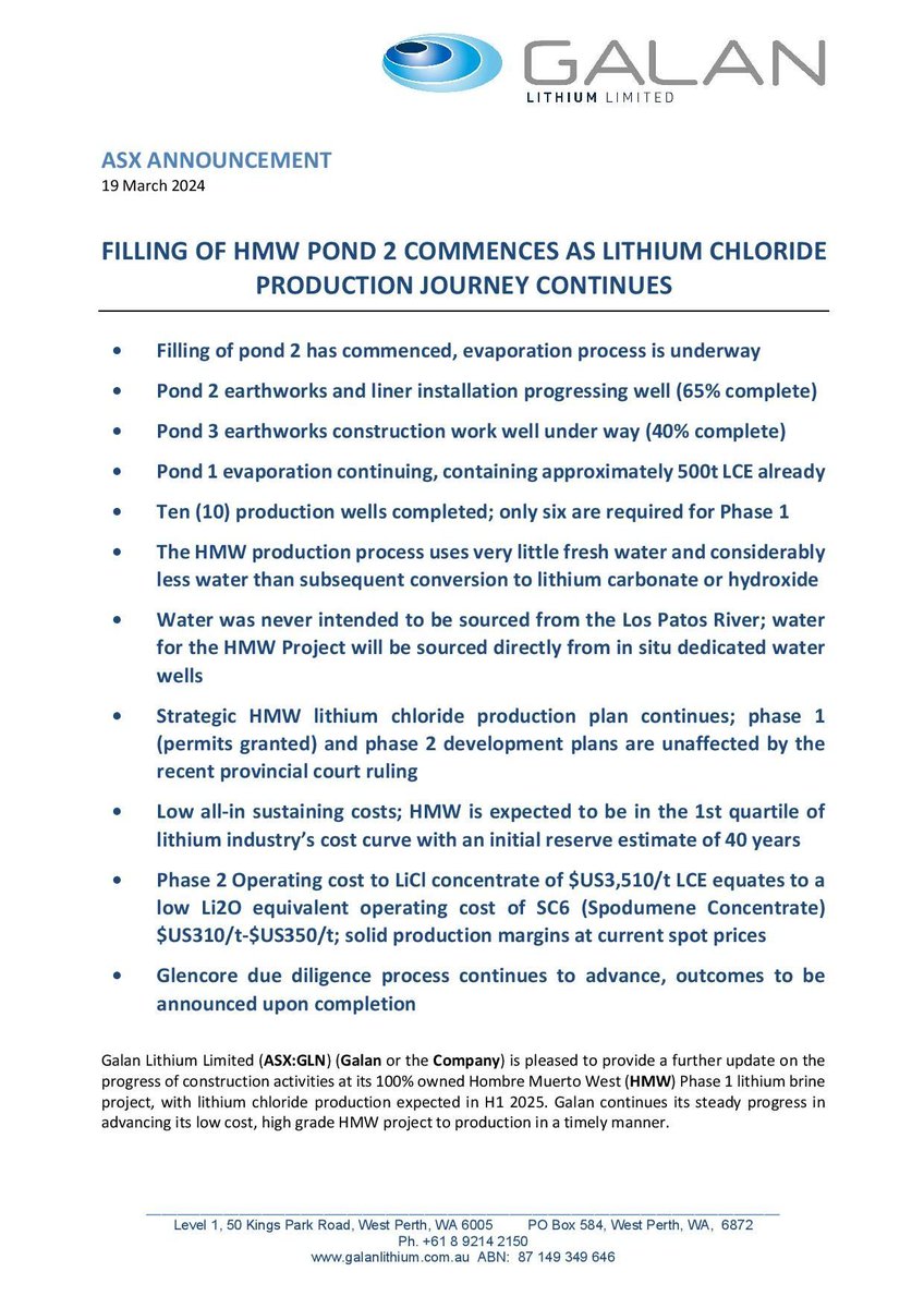 Galan Lithium Limited (ASX:GLN) is pleased to provide a further update on the progress of construction activities at its 100% owned Hombre Muerto West (HMW) Phase 1 #lithium brine project, with lithium chloride production expected in H1 2025. $GLN