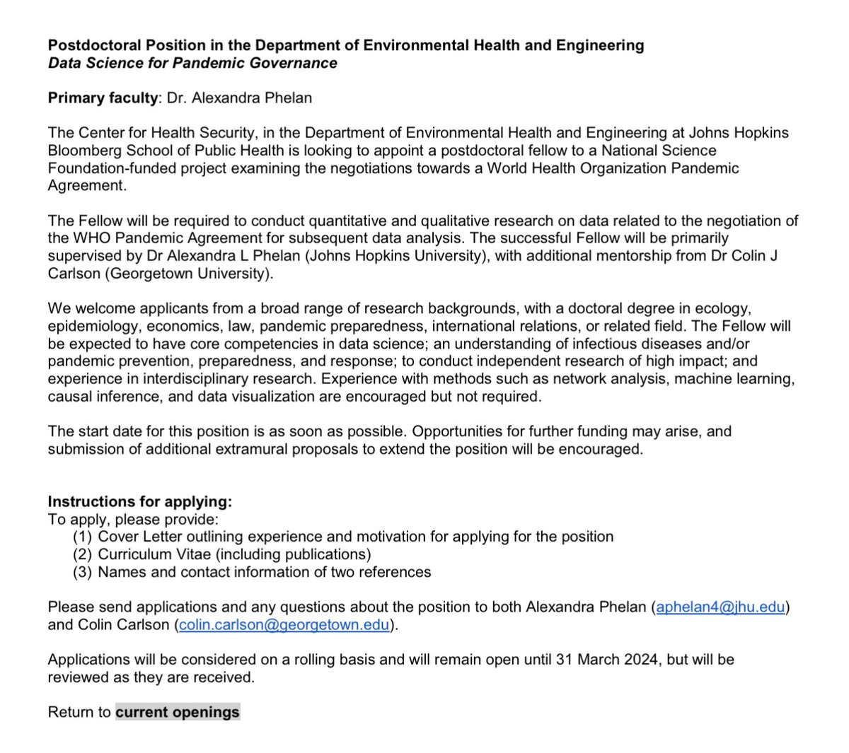 ✨ Fellowship Opportunity ✨ 📃 Interested in the Pandemic Agreement? 🦠 Background in infectious disease? 📊 With data science experience? Applications open now! publichealth.jhu.edu/academics/acad…