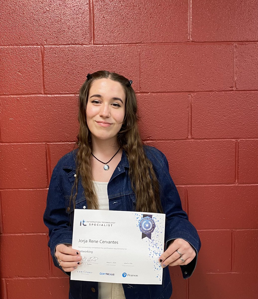 Congratulations to Jorja on earning IT Specialist in Networking certification. This is her 5th industry recognized cert! #certifiedraider #cybersecurity #WomenInTech <a href="/NISDTaft/">Taft HS</a> <a href="/NISD/">Northside ISD</a> <a href="/NISD_CTE/">NISD_CTE</a>