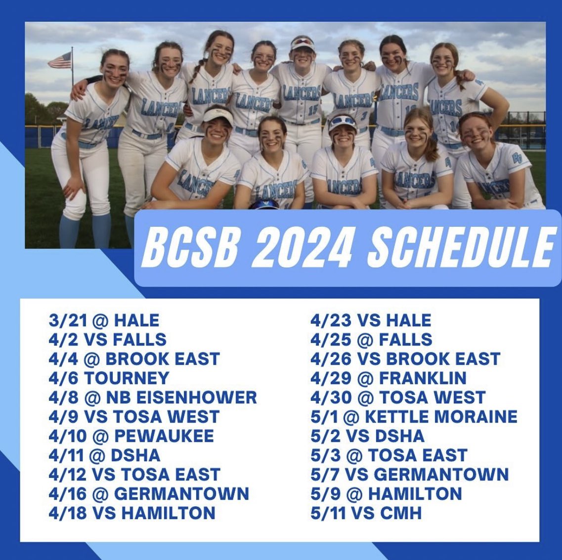 Here’s my High School Schedule! I would love to have you come check us out! GO BC!! 💙🥎🤍