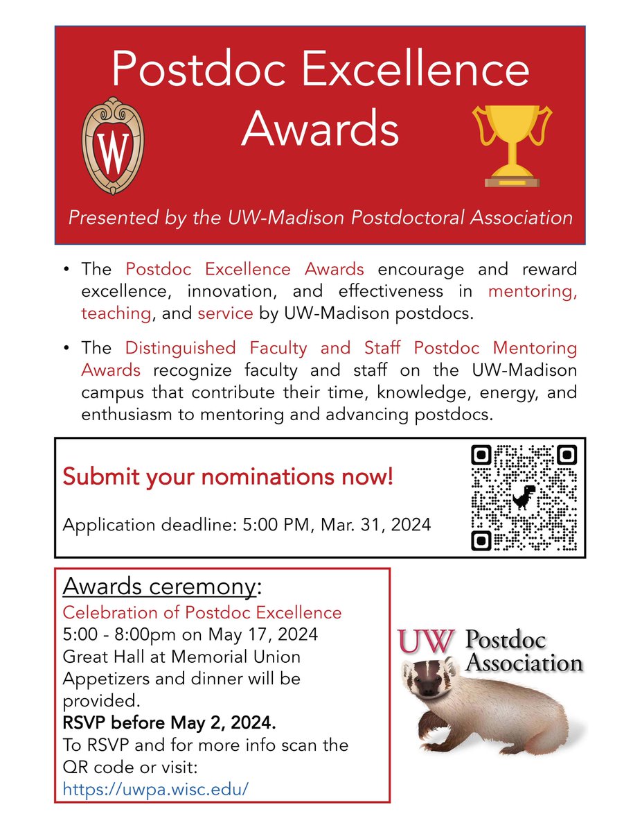UWPA's Celebration of Postdoc Excellence is happening this year on May 17 , RSVP by May 2! Nominations are due by March 31. Details below: