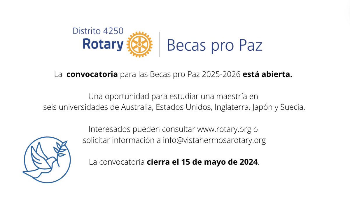 AnaAlpirez's tweet image. Sigo en la búsqueda de profesionales que quieran estudiar una maestría relacionada con resolución de conflictos y desarrollo en Suecia, EEUU, Japón, Australia o Inglaterra Se trata del programa proPaz 2025-2026 de @Rotary.  La convocatoria cierra el 15 de mayo.