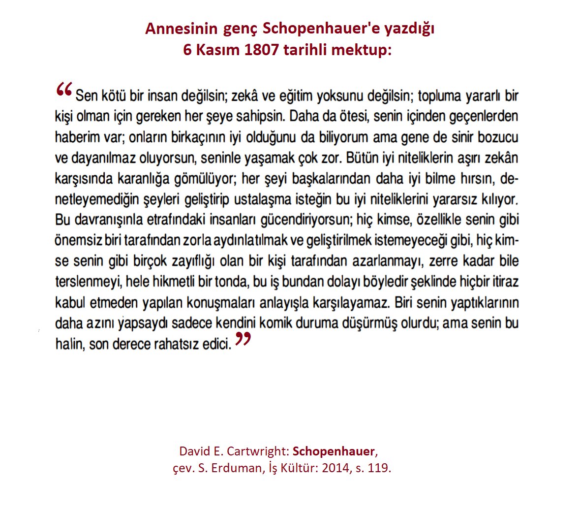 Arthur Schopenhauer'un annesi roman yazarıydı. İstişare için Goethe'nin sıkça ziyarete gittiği, güçlü ve entelektüel bir kadın... 1807'de 19 yaşındaki oğlu Arthur'a bu mektubu yazmıştı. Bir dergiye bu mektup üstünden bir yazı yazıyorum, siz nasıl yorumluyor ve ne düşünüyorsunuz?