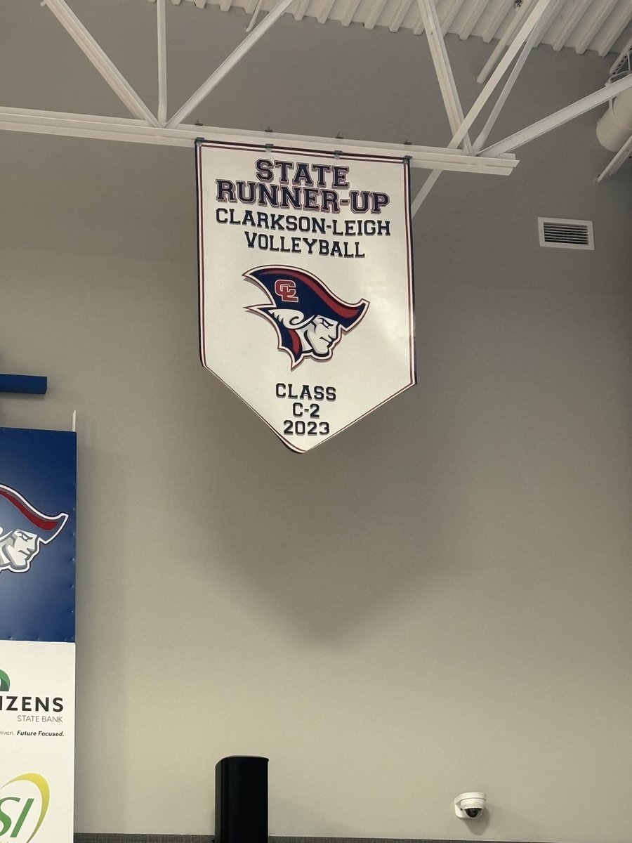 ClarksonYoteVB's tweet photo. The banner is up!! It was fun to relive our run at State! So incredibly proud of this team and these girls! #PatriotVolleyball #allin #StateRunnerUp #NotFULL #HungryforMORE https://t.co/zmSV6GJ9G0