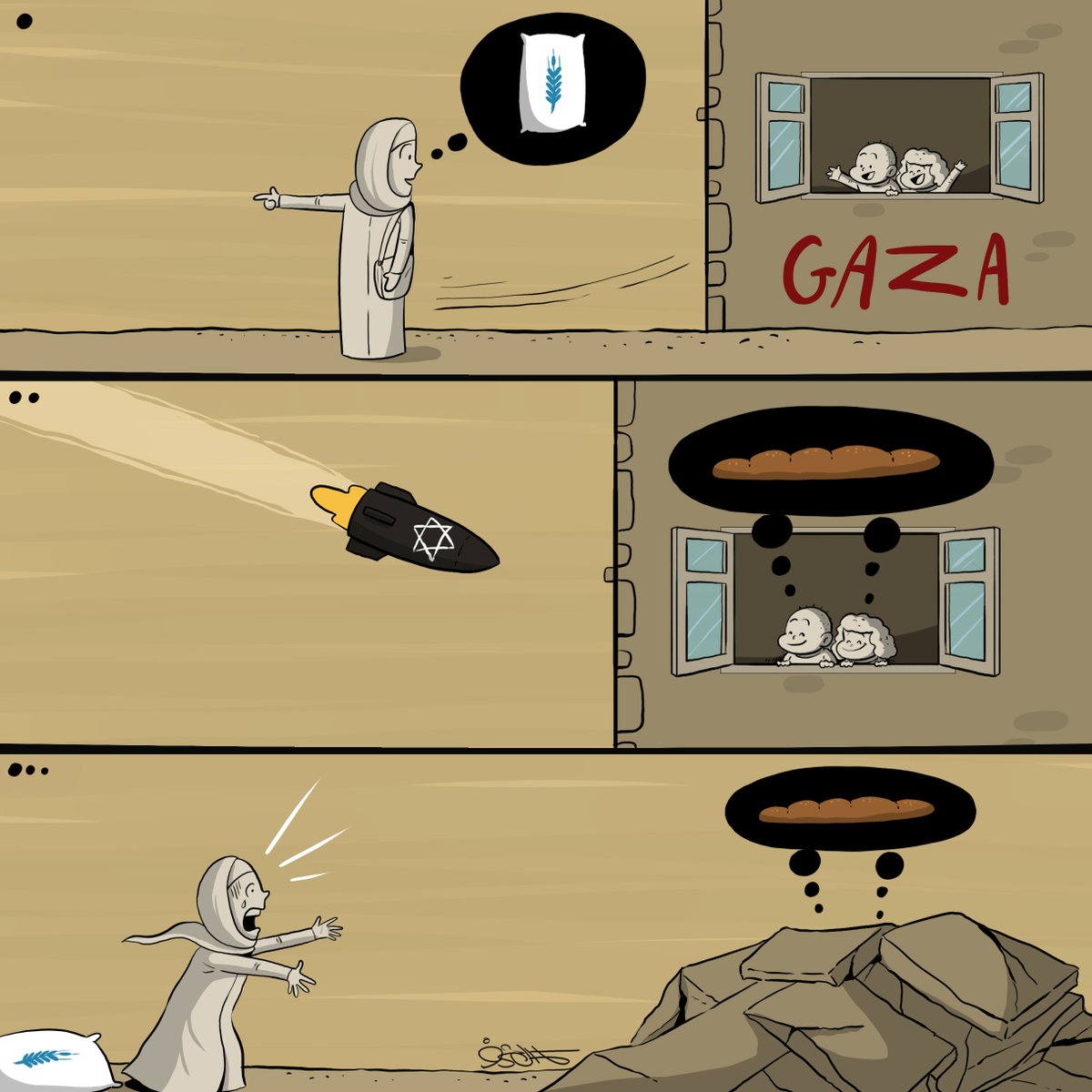 #كاريكاتير قصة قصيرة من #غزة #غزة_تُباد #غزة_بلافطور_ولاسحور #رفح_تستغيث #Gaza_Geniocide #ISISrael