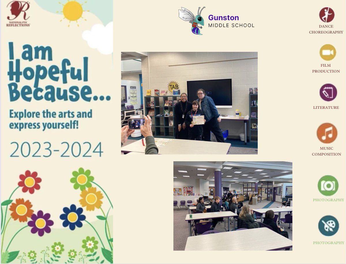APSGunston's tweet photo. Congratulations to our Gunston students for being awarded at the PTA Reflections! 🎉 Their participation in the theme "I am hopeful because..." showcases their creativity and optimistic vision for the future. Let's continue to inspire hope and creativity together! #PTAReflections https://t.co/6lk4Yhtm8E