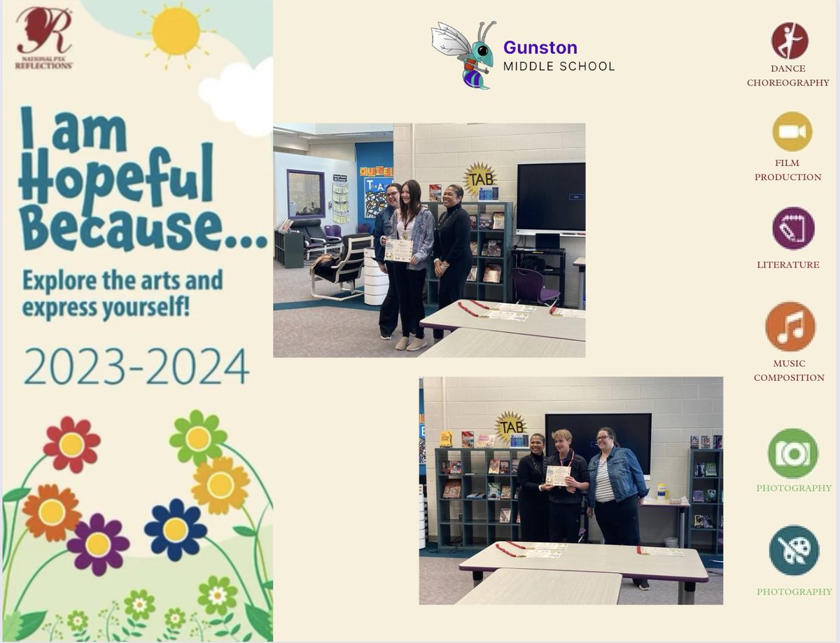 APSGunston's tweet photo. Congratulations to our Gunston students for being awarded at the PTA Reflections! 🎉 Their participation in the theme "I am hopeful because..." showcases their creativity and optimistic vision for the future. Let's continue to inspire hope and creativity together! #PTAReflections https://t.co/6lk4Yhtm8E