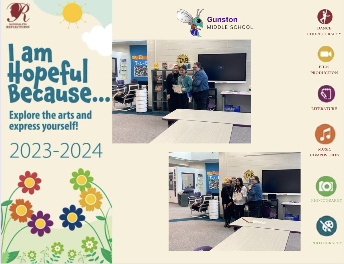 Congratulations to our Gunston students for being awarded at the PTA Reflections! 🎉 Their participation in the theme 'I am hopeful because...' showcases their creativity and optimistic vision for the future. Let's continue to inspire hope and creativity together! #PTAReflections