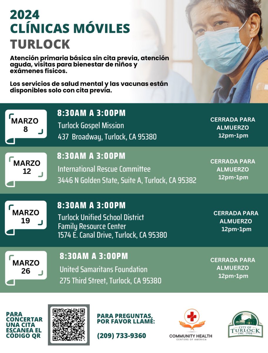 The TUSD Family Resource Center will be hosting a Turlock Mobile Clinic March 19 from 8:30 AM-3:00 PM in West Wing 4 at 1574 E. Canal Drive. FREE walk-in basic primary care, acute care, well-child visits, vision screening, and physicals are available. #TUSD