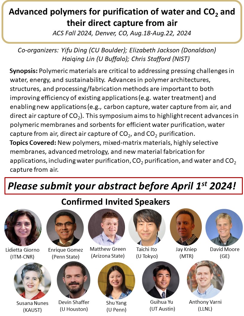 We want to invite you to contribute to a PMSE Fall symposium on capture and purification of CO2 and water using polymers. Abstract submission: 4/1/2024 (callforabstracts.acs.org/acsfall2024/PM…)