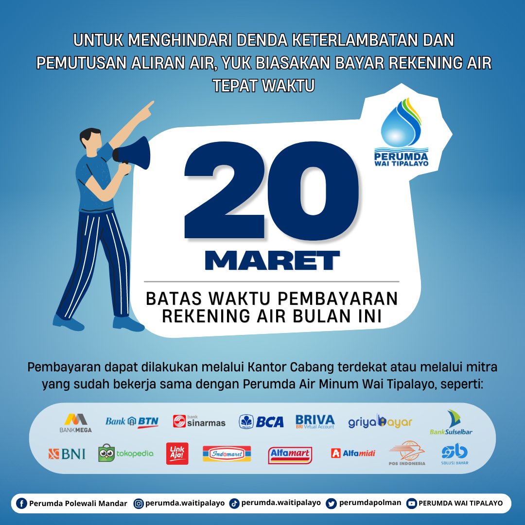 perumdapolman's tweet photo. Sekedar mengingatkan, bagi pelanggan yang belum melakukan pembayaran tagihan rekening air bulan Maret 2024, agar terhindar dari denda keterlambatan dan pemutusan aliran air, kami himbau untuk segera melakukan pembayaran. Terima kasih🙏 #informasipelanggan #perumdawaitipalayo https://t.co/7m2vaMZivo